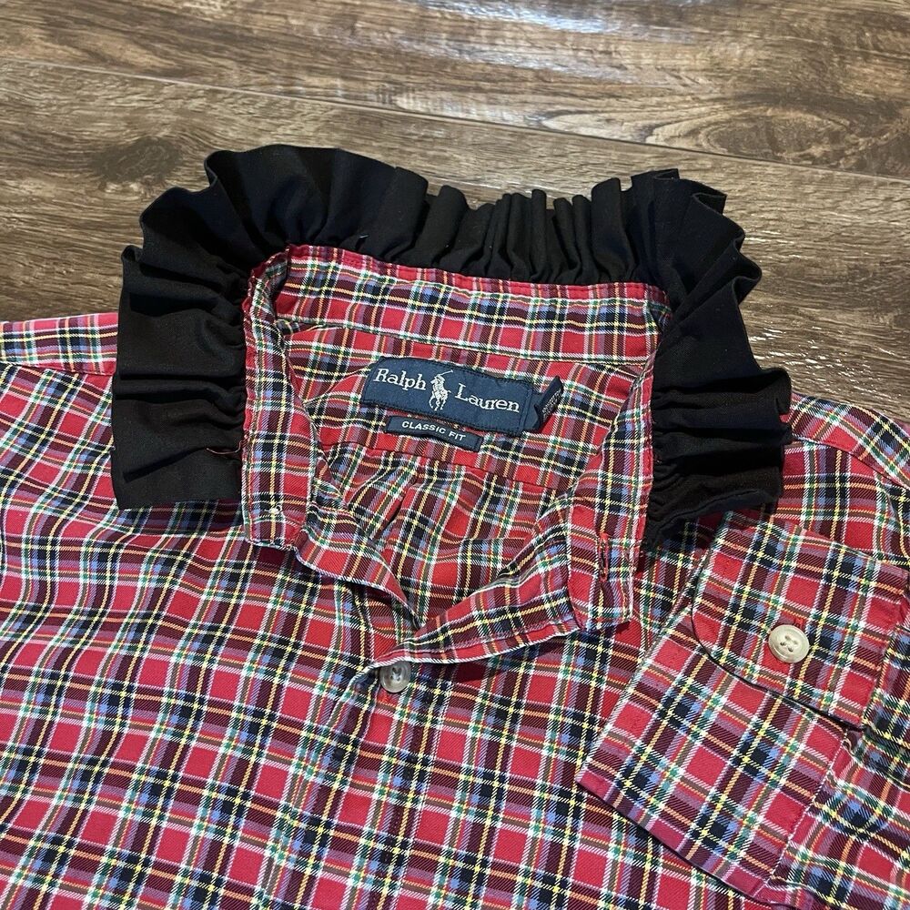Vintage Ralph Lauren Reworked Upcycled Shirt Large Ruffled Collar Button Up - Picture 2 of 12